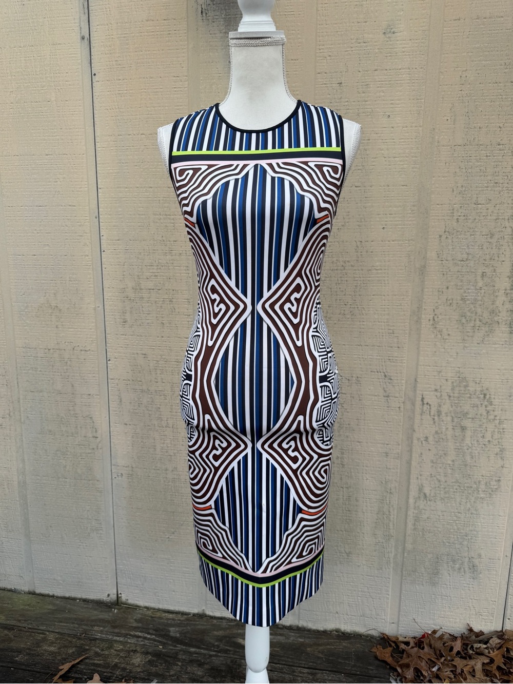 Clover Canyon Navy, White & Lime Geometric Stripe Shift Dress